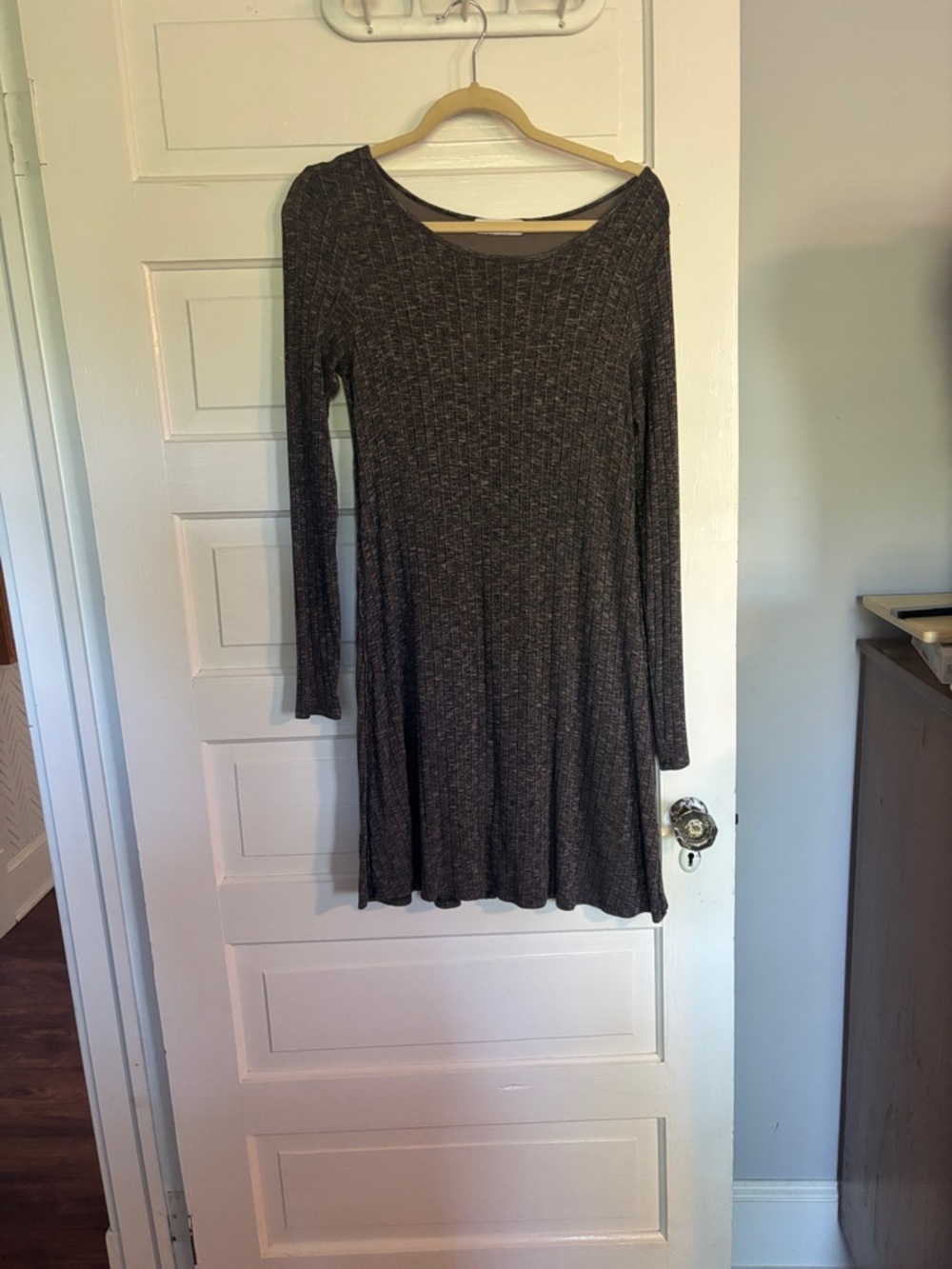 Michael Stars Ribbed Long-Sleeve Swing Dress in Dark Gray